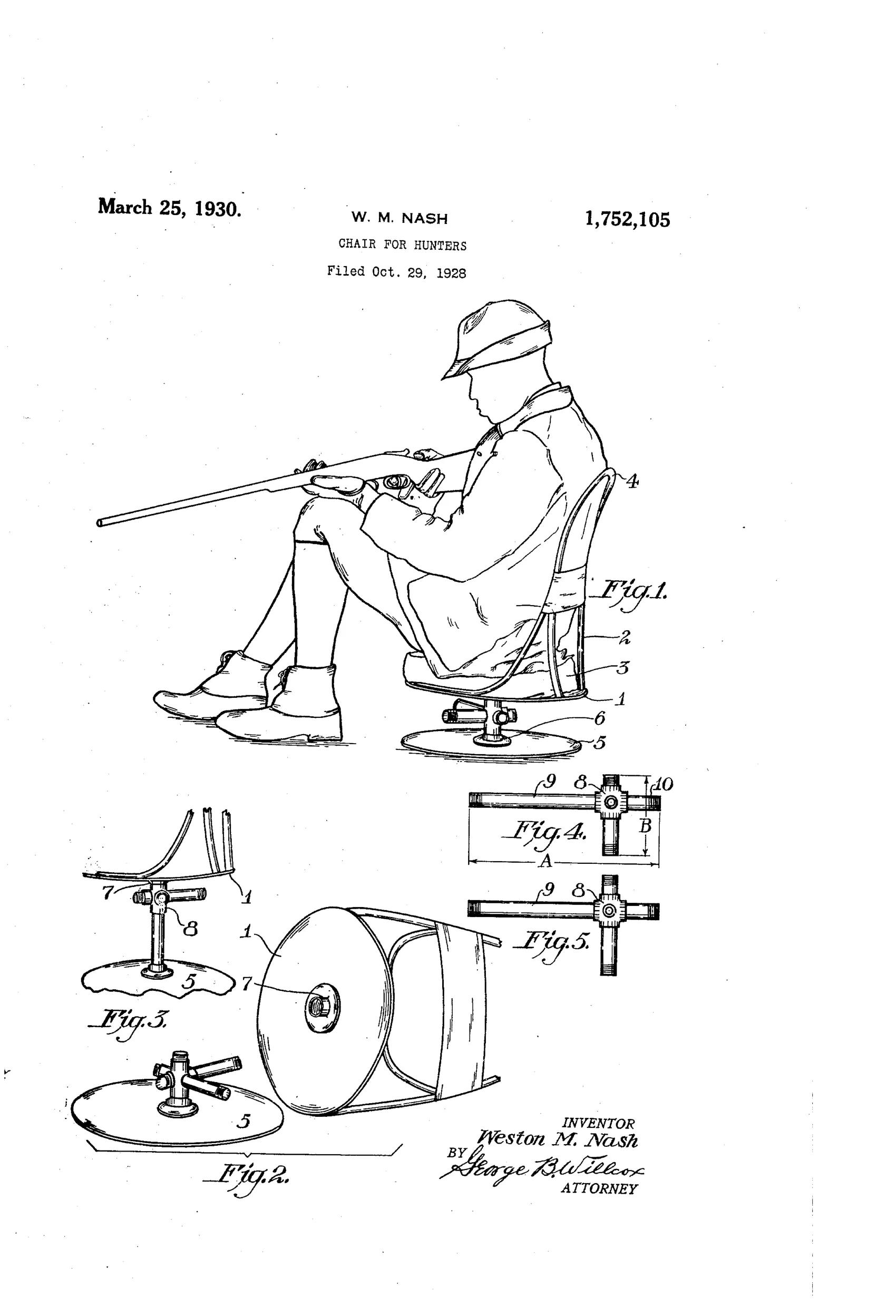 Patent drawing of a seated hunter aiming a rifle from a low swiveling chair with a pipe-fitting pedestal base, plus separate detail views of the threaded T-fitting standard and base plate.