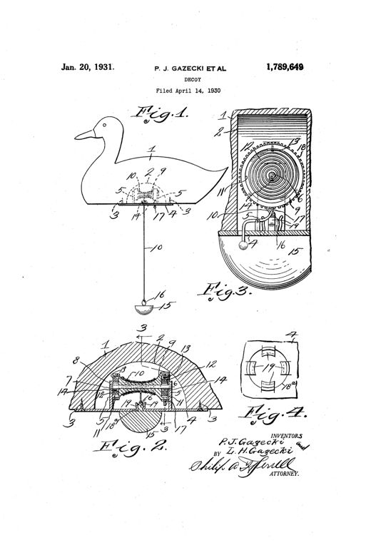 Patent drawing of a duck decoy with a hanging weighted anchor on a cord beneath it, alongside cutaway mechanical views showing a spring-loaded reel and gear mechanism housed in a recessed chamber under the decoy's body.