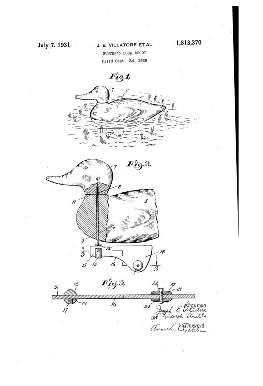Patent drawing of a wooden duck decoy floating on water with a rotatable head atop a threaded stem, connected below to a slotted post and a rudder-shaped vane with attached balance weights, shown in perspective, sectional, and cross-sectional views.