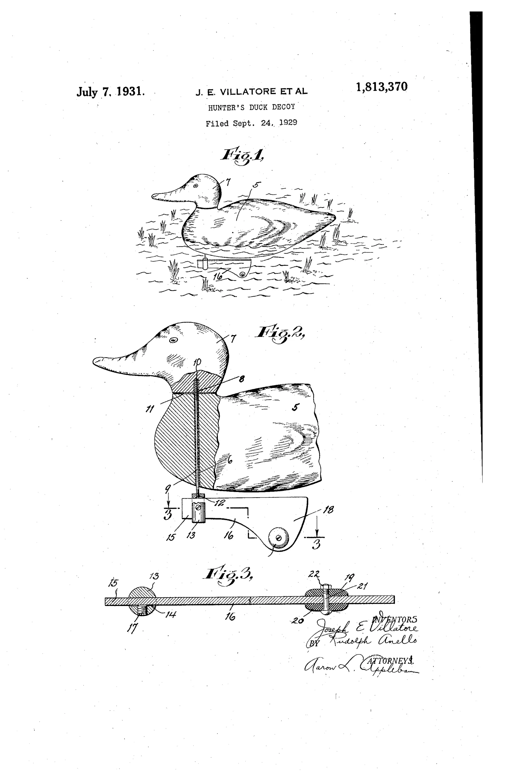 Patent drawing of a wooden duck decoy floating on water with a rotatable head atop a threaded stem, connected below to a slotted post and a rudder-shaped vane with attached balance weights, shown in perspective, sectional, and cross-sectional views.