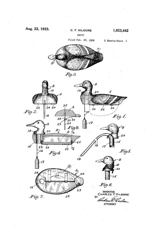 Patent drawing sheets showing a wooden duck decoy body with a detachable metal head, an anchor cord and weight system, a hinged keel plate, and a partitioned wooden carrying case for multiple decoys.