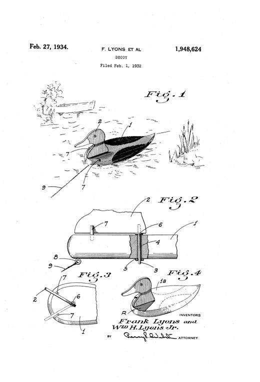 Patent drawing of a wooden duck decoy floating on water with an inset head pivoted on a pin, plus fragmentary mechanical views showing the bushing, stop pins, and anchor ring beneath the body.