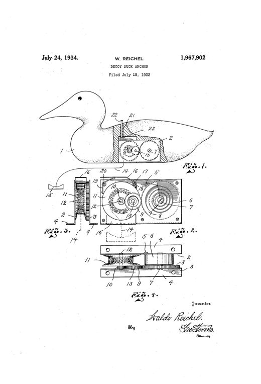 Patent drawing of a wooden duck decoy shown in profile with a cutaway revealing an internal gear-and-spring winding mechanism, plus enlarged detail views of the geared drum, brake strip, and release pin housed in a metal-flanged compartment.