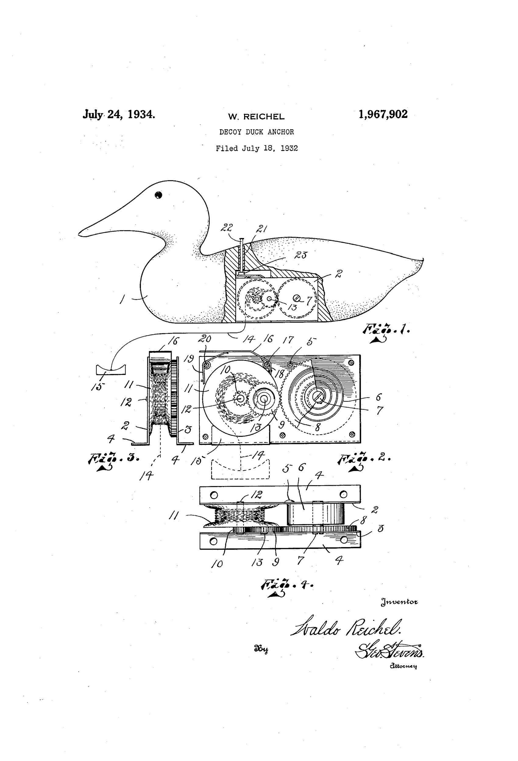 Patent drawing of a wooden duck decoy shown in profile with a cutaway revealing an internal gear-and-spring winding mechanism, plus enlarged detail views of the geared drum, brake strip, and release pin housed in a metal-flanged compartment.