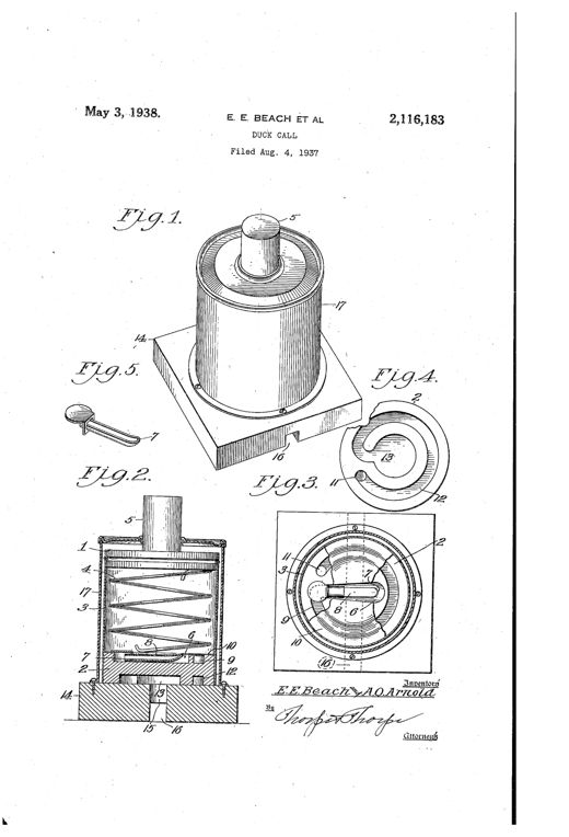 Patent drawing of a cylindrical bellows-type duck call showing the assembled device with a housing and operating stem, plus exploded views of the internal bellows, spring, end blocks, reed holder, and base with serpentine air passages.