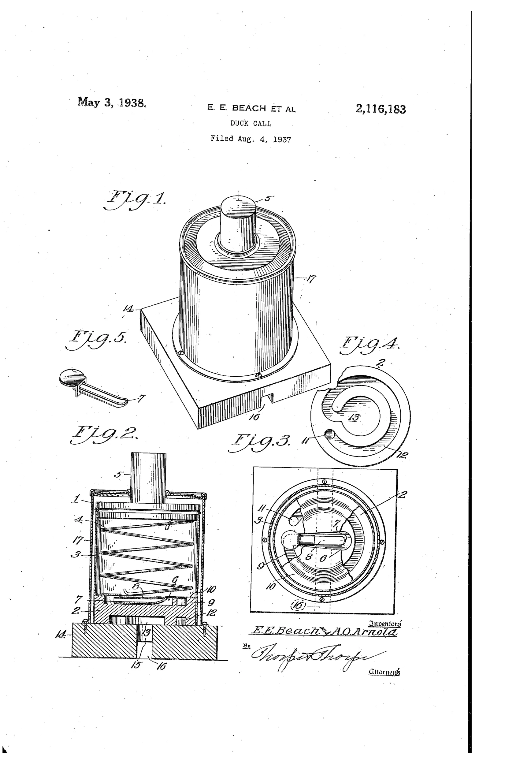 Patent drawing of a cylindrical bellows-type duck call showing the assembled device with a housing and operating stem, plus exploded views of the internal bellows, spring, end blocks, reed holder, and base with serpentine air passages.