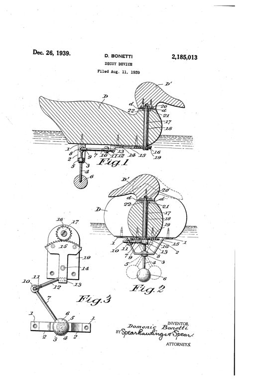 Patent drawing of a wooden duck decoy split at the neck, showing an internal pendulum weight, linkage rod, and gear mechanism beneath the body that turns the head as the decoy rocks on water.