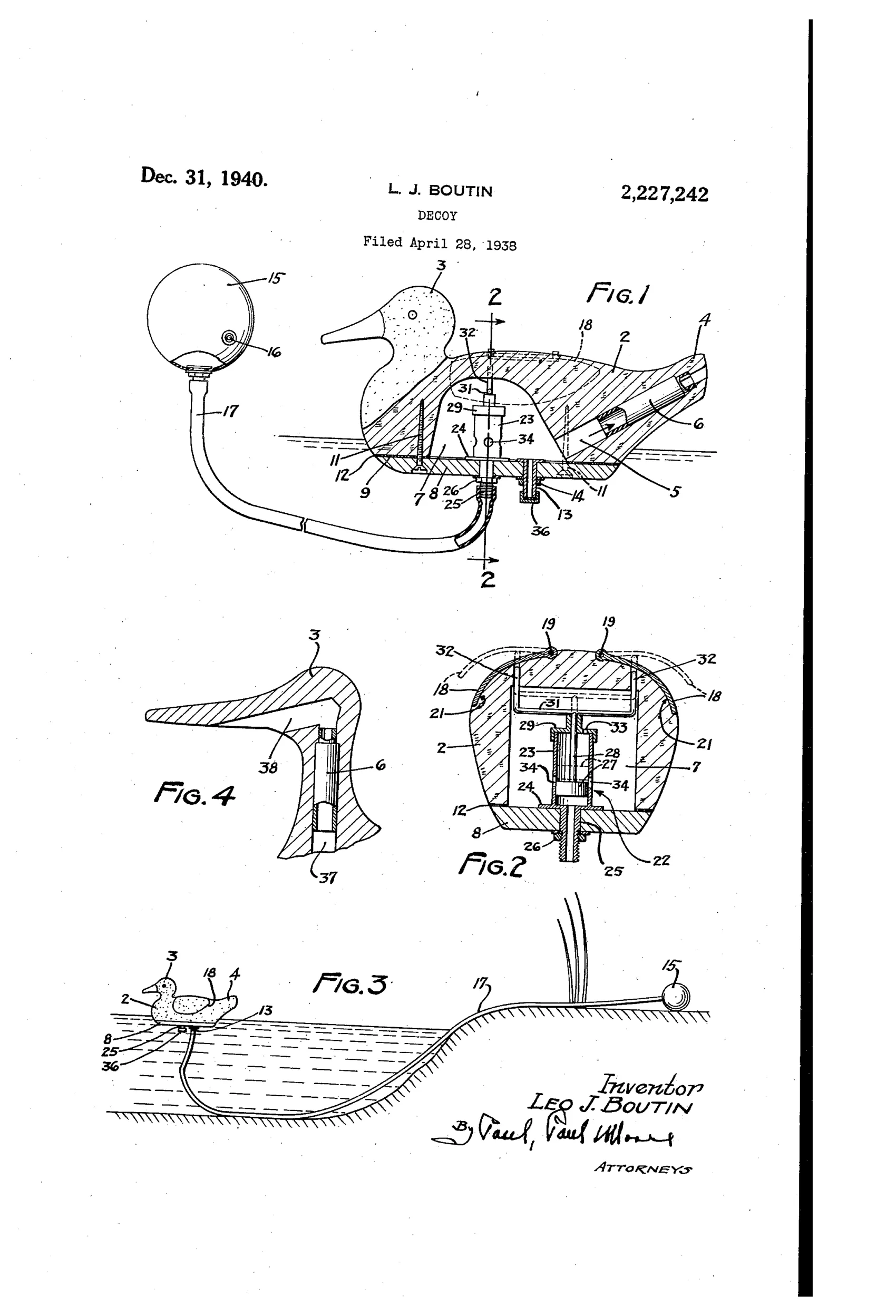 Patent drawing of a duck-shaped decoy in cross-section revealing an internal reed-type duck call, an air expansion chamber, and a piston-cylinder mechanism linked to pivoting wing elements, connected via a rubber hose to a hand-squeezed rubber ball pump shown floating nearby and used from a remote blind.