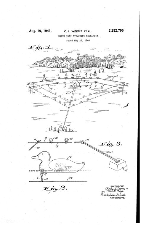 Patent drawing showing a triangular arrangement of ropes staked in a lake with rows of duck decoys attached by rings, connected via elastic cords to an operating line running to a distant hunting blind, plus close-up views of a single decoy's swivel hook attachment and an anchor-weight pulley detail.