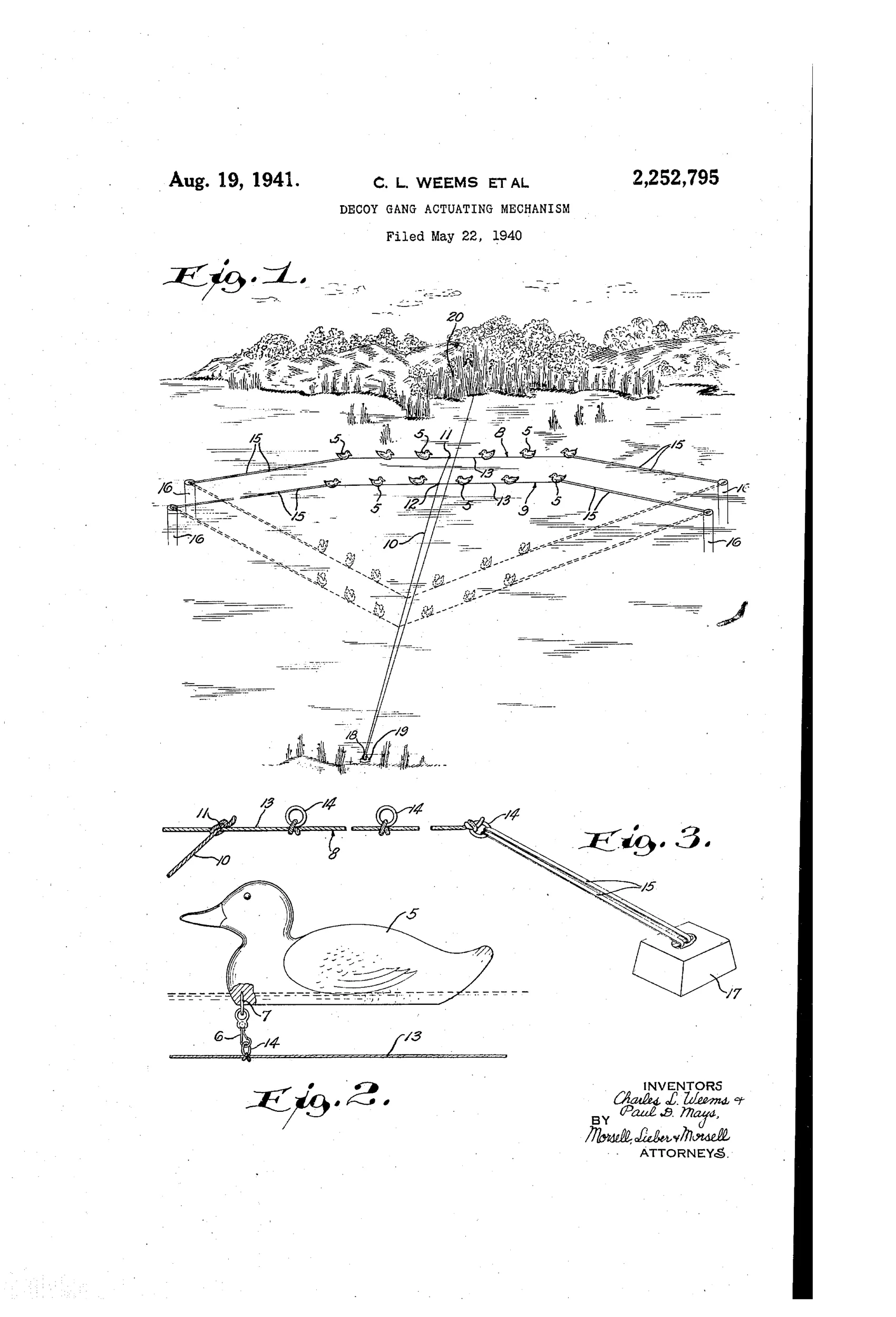 Patent drawing showing a triangular arrangement of ropes staked in a lake with rows of duck decoys attached by rings, connected via elastic cords to an operating line running to a distant hunting blind, plus close-up views of a single decoy's swivel hook attachment and an anchor-weight pulley detail.
