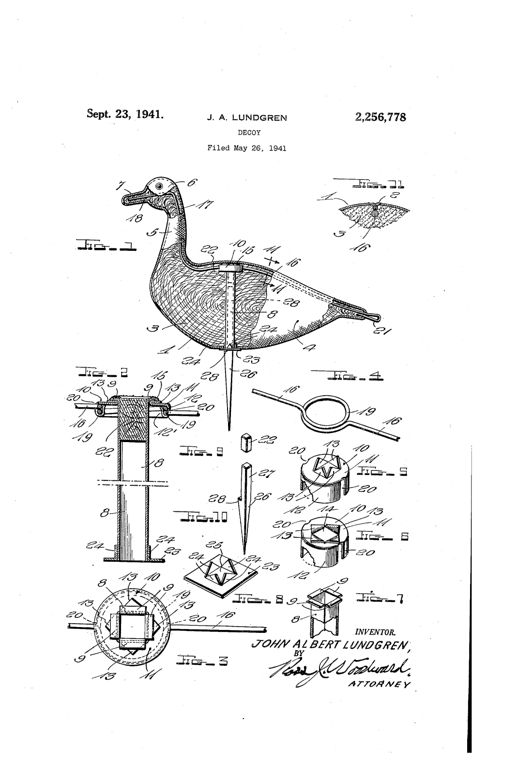 Patent drawing of a stuffed canvas goose decoy shown in profile with a cutaway revealing an internal tubular strut, wire reinforcing strand, ring, and a separate tapered ground stake, along with detail views of the cap, bottom plate, plug, and stake components.