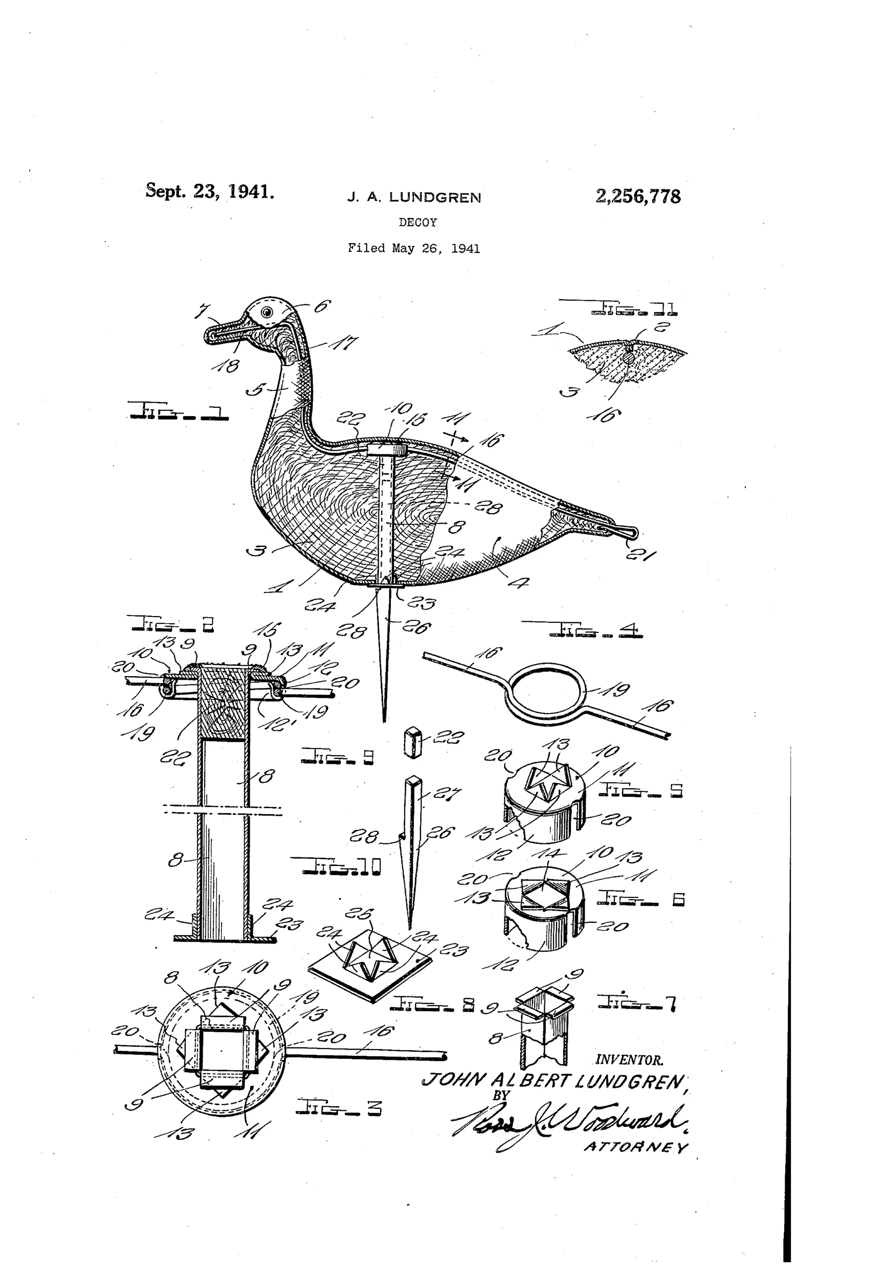 Patent drawing of a stuffed canvas goose decoy shown in profile with a cutaway revealing an internal tubular strut, wire reinforcing strand, ring, and a separate tapered ground stake, along with detail views of the cap, bottom plate, plug, and stake components.