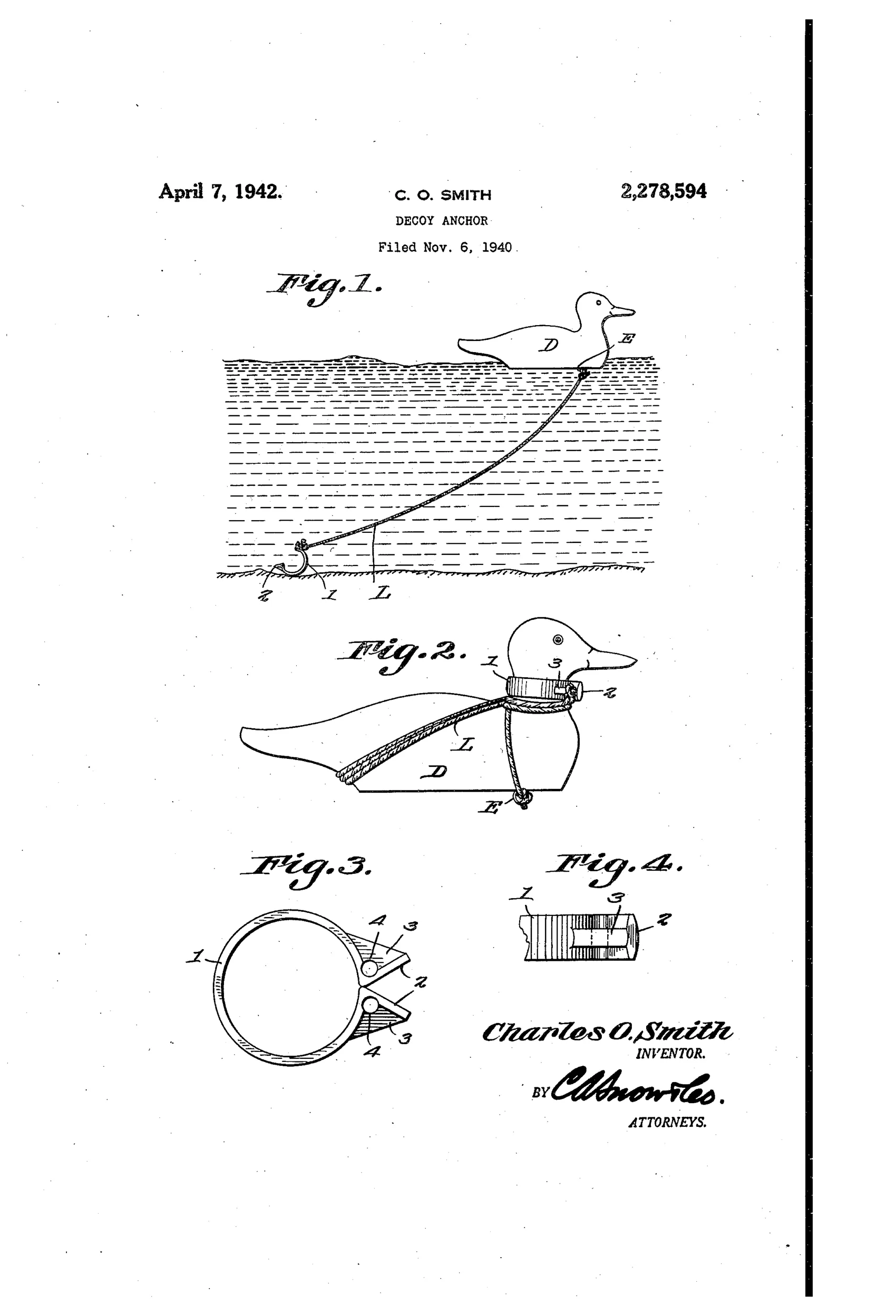 Patent drawing of a duck decoy floating on water with a line running down to a small split-ring anchor on the stream bed, plus detail views of the decoy's neck with the ring closed and two close-up views of the split ring's hinge and finger-piece structure.