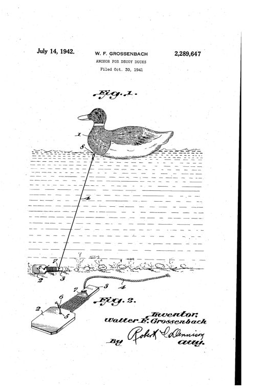Patent drawing showing a mallard decoy duck floating on water with a line running down to a rectangular weighted anchor plate with an extended shank on the lake bottom, plus a detailed close-up of the anchor showing the line wound around the shank and locked in a wedge-shaped slot.