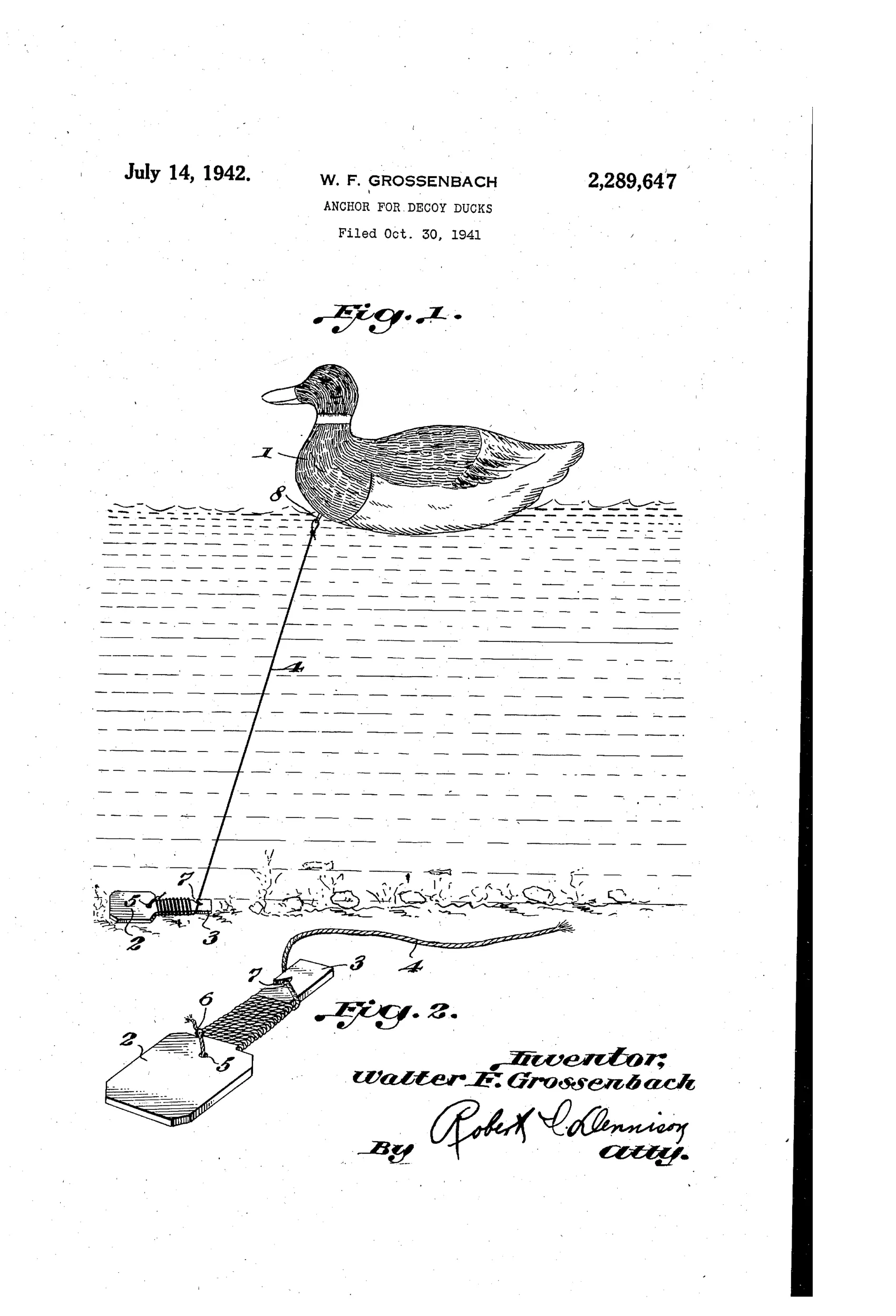 Patent drawing showing a mallard decoy duck floating on water with a line running down to a rectangular weighted anchor plate with an extended shank on the lake bottom, plus a detailed close-up of the anchor showing the line wound around the shank and locked in a wedge-shaped slot.
