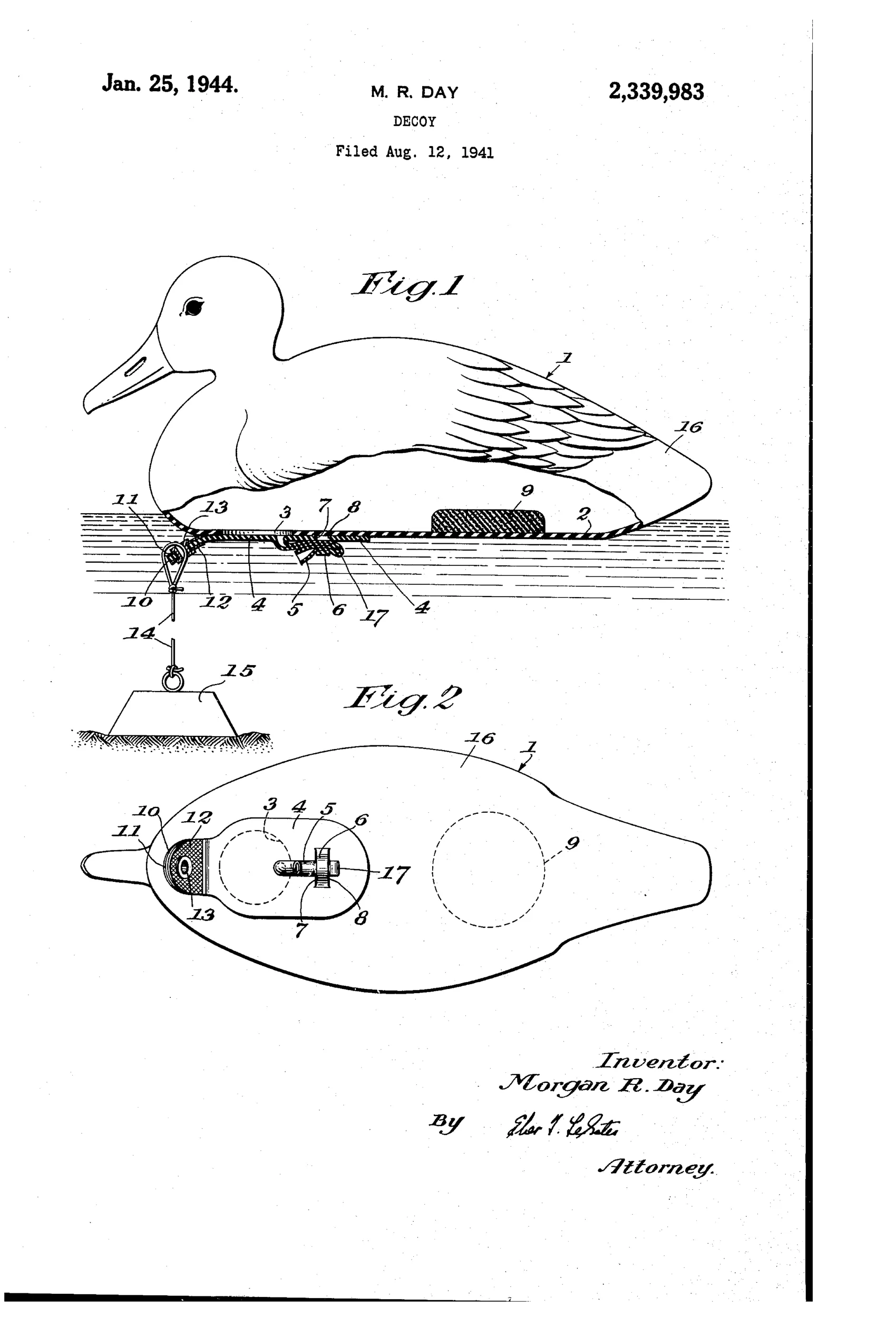 Patent drawing showing a side view of a floating rubber duck decoy with labeled parts including the inflating tube, elastic strap, and ballast weight, plus a plan view from below showing the same components and an anchor line with a trapezoidal weight.