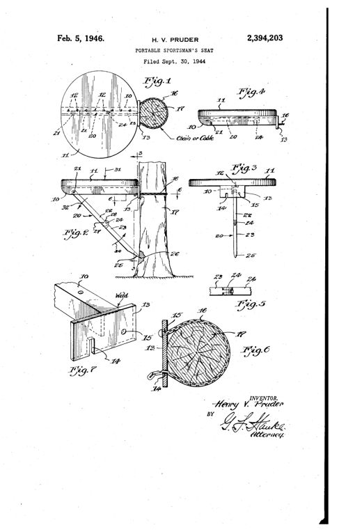 Patent drawing of a round portable seat with an angle-bar frame, a chain looping around a tree trunk, and a hinged two-part prong that folds beneath the seat and stakes into the tree for support.