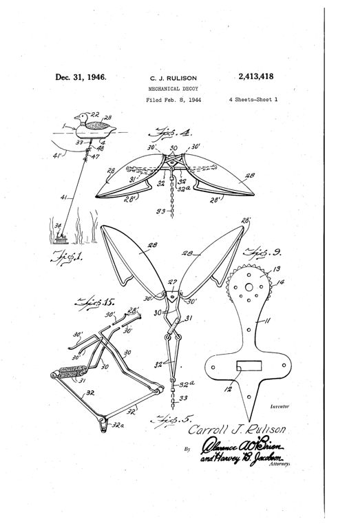 Patent drawing sheets showing a duck-shaped decoy body with hinged flapping wings actuated by an anchor line and reel mechanism housed in the body's underside chamber, plus detail views of the head-turning shaft, wing hinge plate, and wire wing-actuating arms.