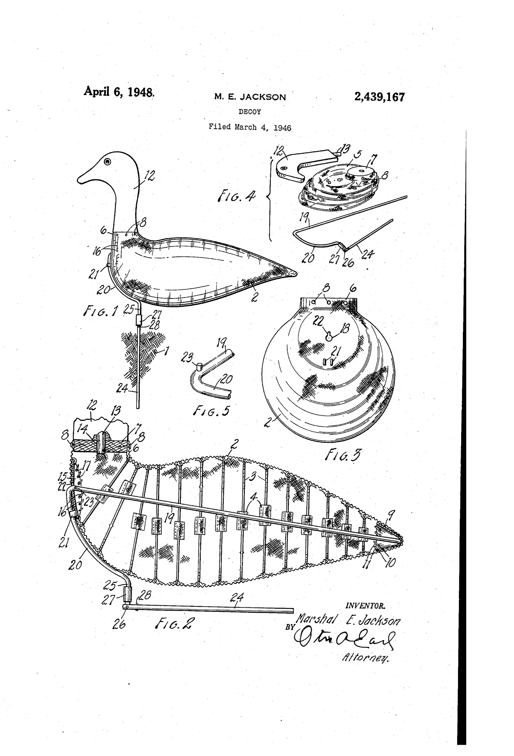 Patent drawing sheet showing a goose-shaped fabric decoy with a detachable head, a front plate with a keyhole opening and lugs, a rear conical socket, and a curved collapsible support rod with pivoted shaft and sliding sleeve, alongside disassembled parts and a rib-and-fabric body diagram.