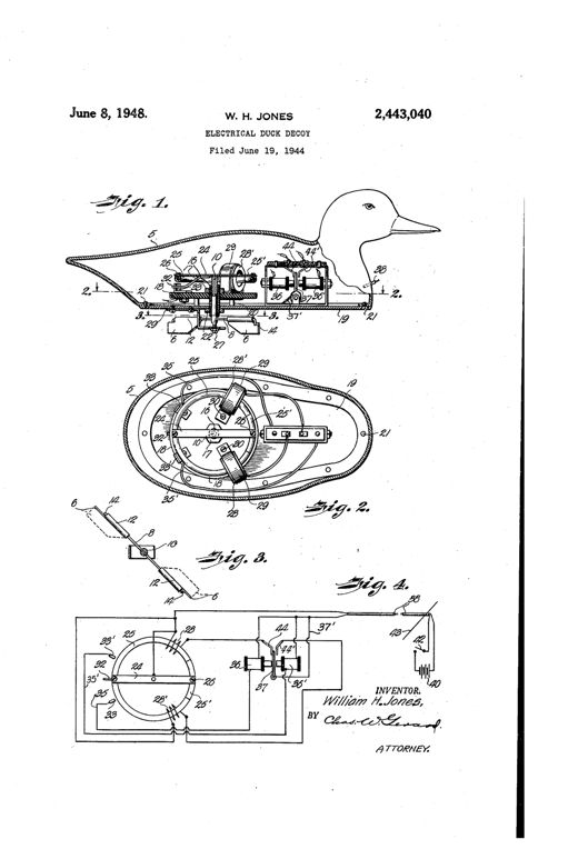 Patent drawing of a duck-shaped decoy in side profile showing internal shaft, solenoid coils, paddle blades, and a separate wiring diagram with battery and remote switch.