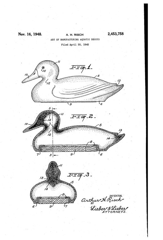 Three patent drawings of a hollow molded pulp duck decoy: a side view showing bill, head, neck and tail details; a longitudinal cross-section revealing internal asphalt reinforcement and a wooden base closure plate; and a transverse cross-section through the body showing the recessed base and flange.