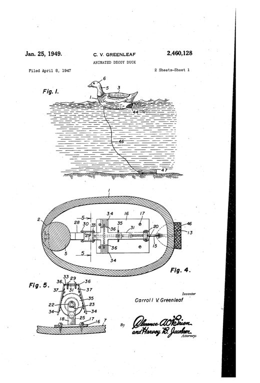 Patent drawings of a mechanical duck decoy floating on water with an anchor line, and cutaway views showing an internal ratchet, gears, and rear propeller mechanism linked to a pivoting neck and head.