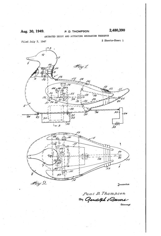 Patent drawing of a duck-shaped decoy body shown in side and top views with a hinged head, flapping wing flaps, a swinging tail, and an internal motor compartment connected by a shaft, cranks, and connecting rods, plus a separate perspective view of the crank-and-linkage mechanism.