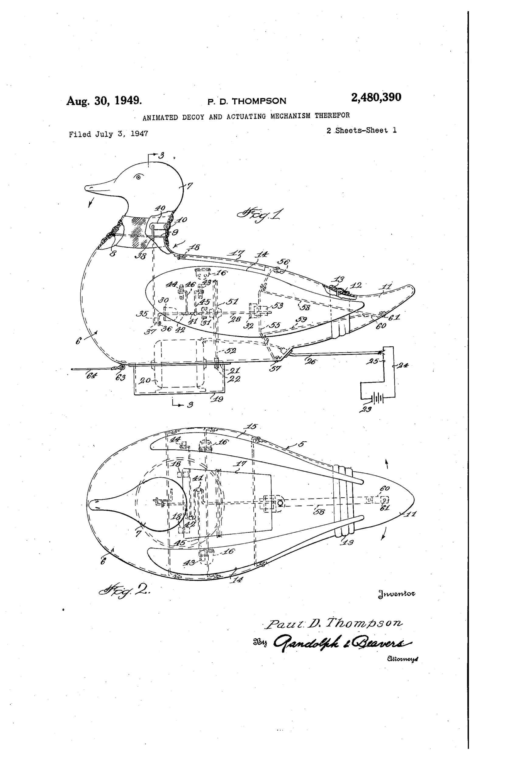 Patent drawing of a duck-shaped decoy body shown in side and top views with a hinged head, flapping wing flaps, a swinging tail, and an internal motor compartment connected by a shaft, cranks, and connecting rods, plus a separate perspective view of the crank-and-linkage mechanism.