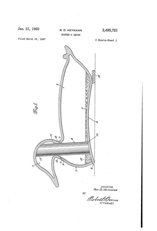 Side sectional drawing of a duck-shaped hunter's decoy showing the hollow head and body connected by a vertical reinforcing tube through the neck, with hatched ballast material pooled in the concave bottom and a staple anchor near the tail.