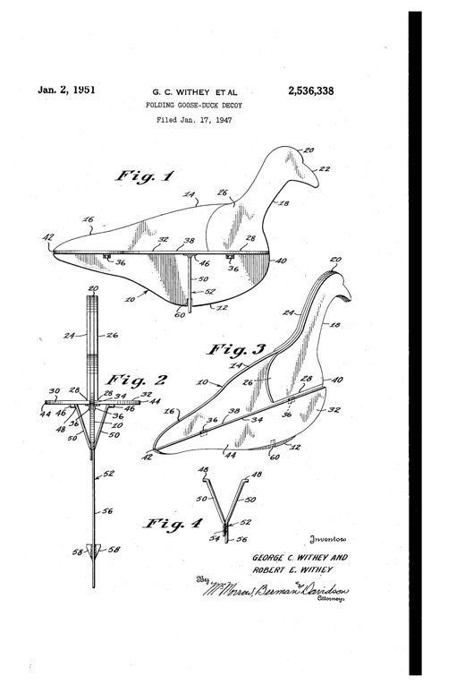 Patent drawing of a folding goose-duck decoy showing a curved body with a hinged wing on a hinge line, a Y-shaped wire ground stake with arms fitting into sockets under the wings, and a separate view of the folded decoy with wings pressed flat against the body.