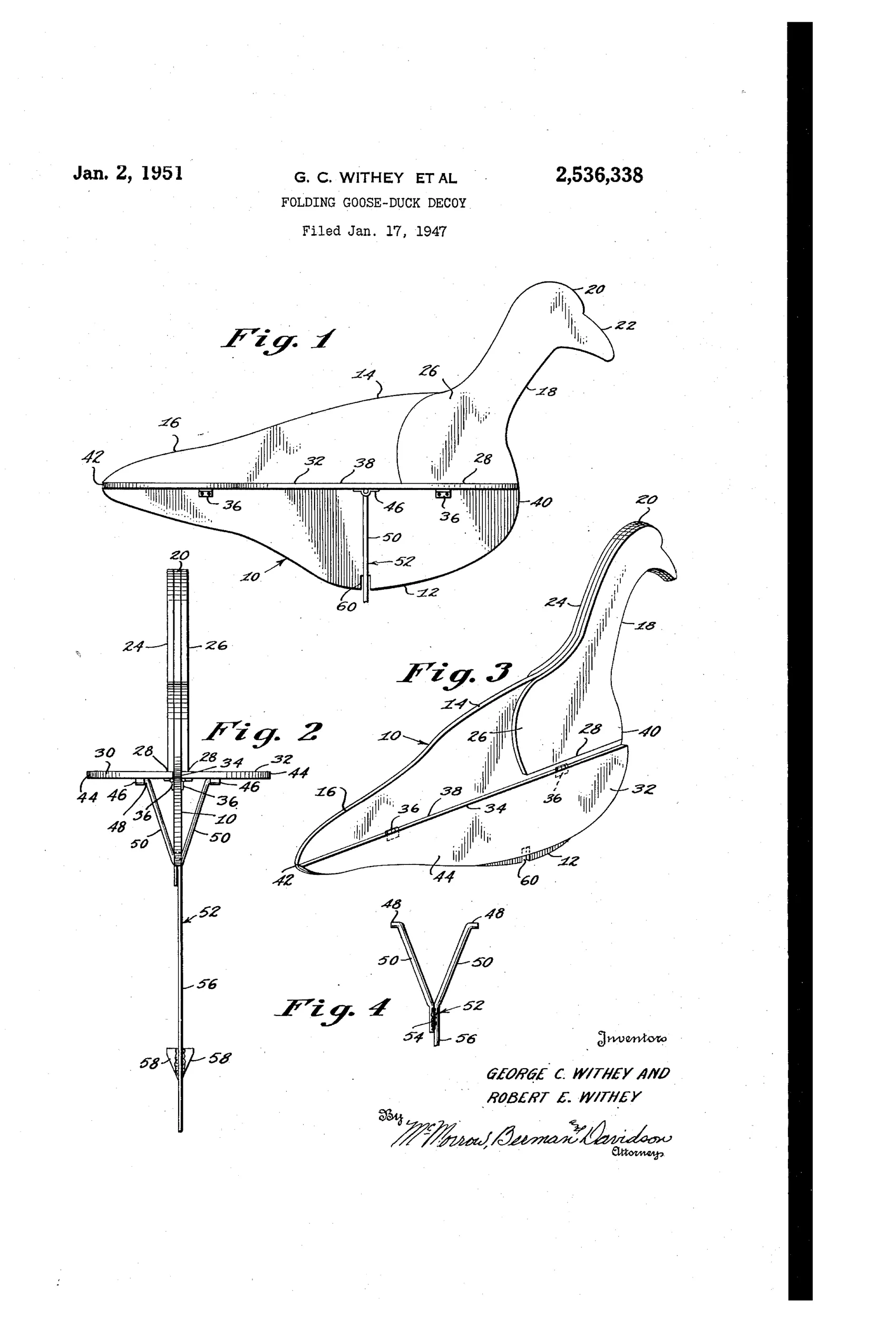 Patent drawing of a folding goose-duck decoy showing a curved body with a hinged wing on a hinge line, a Y-shaped wire ground stake with arms fitting into sockets under the wings, and a separate view of the folded decoy with wings pressed flat against the body.