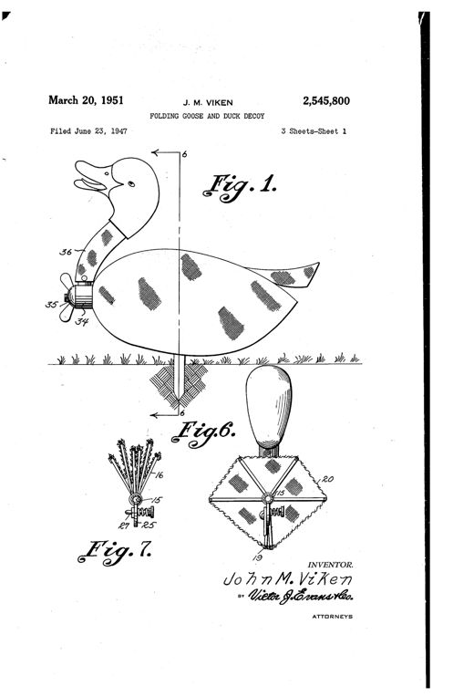 Patent drawing of a folding duck decoy showing a wire-framed fabric body with a flexible bellows neck and wooden head, a central shaft with a fold-out ground support post, and separate views of the collapsed frame and disassembled parts.