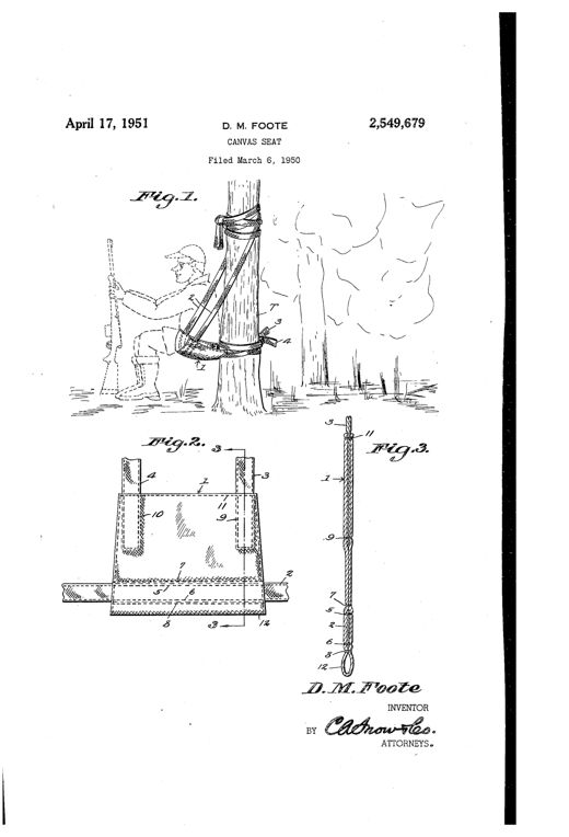 Line drawing of a seated hunter resting on a canvas seat that is strapped and knotted around a tree trunk, with two detail views below showing the folded canvas seat portion and its stitched webbing straps.