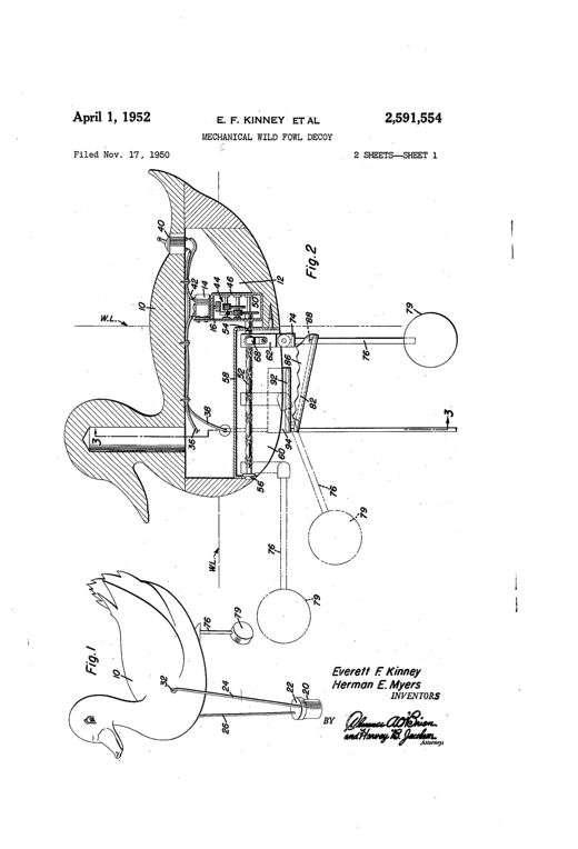 Patent drawing of a duck-shaped decoy body in cross-section showing an internal motor, gear case, double-threaded screw, traveling block, and a weighted pendulous arm connected to cam tracks that cause the decoy to tip forward and simulate diving.