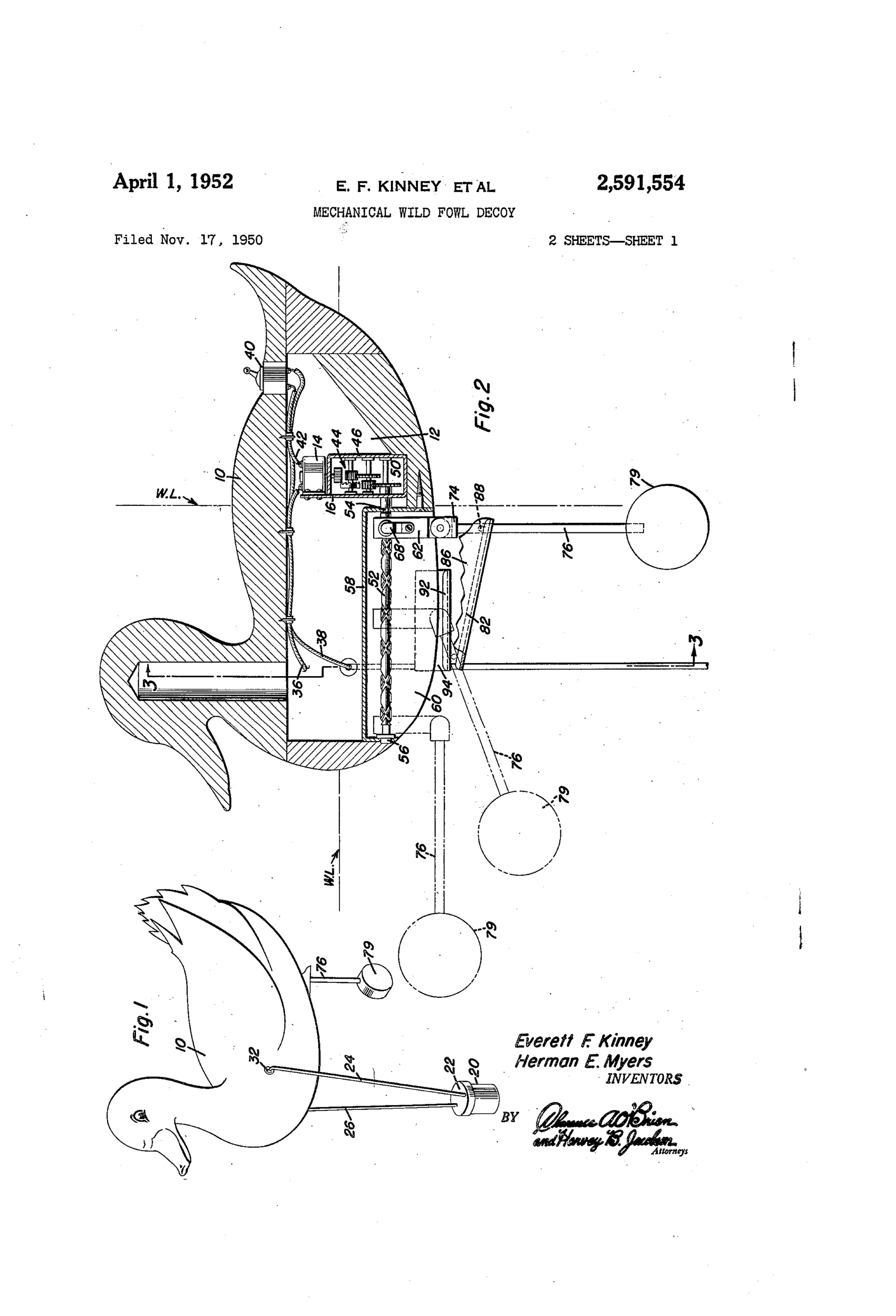 Patent drawing of a duck-shaped decoy body in cross-section showing an internal motor, gear case, double-threaded screw, traveling block, and a weighted pendulous arm connected to cam tracks that cause the decoy to tip forward and simulate diving.