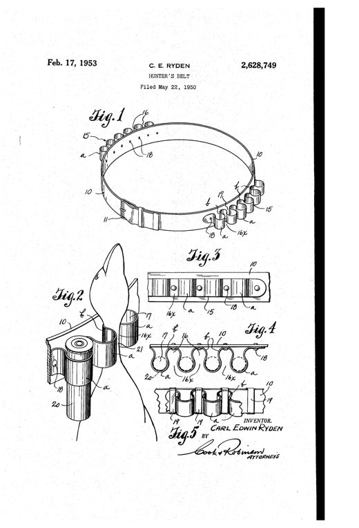 Patent drawing of a hunter's belt with a buckle and a row of alternating curved metal loops riveted along its outer edge, some loops holding shotgun shells and others gripping the neck of a bird, with detail views of the loop strip and an alternate belt-loop attachment.
