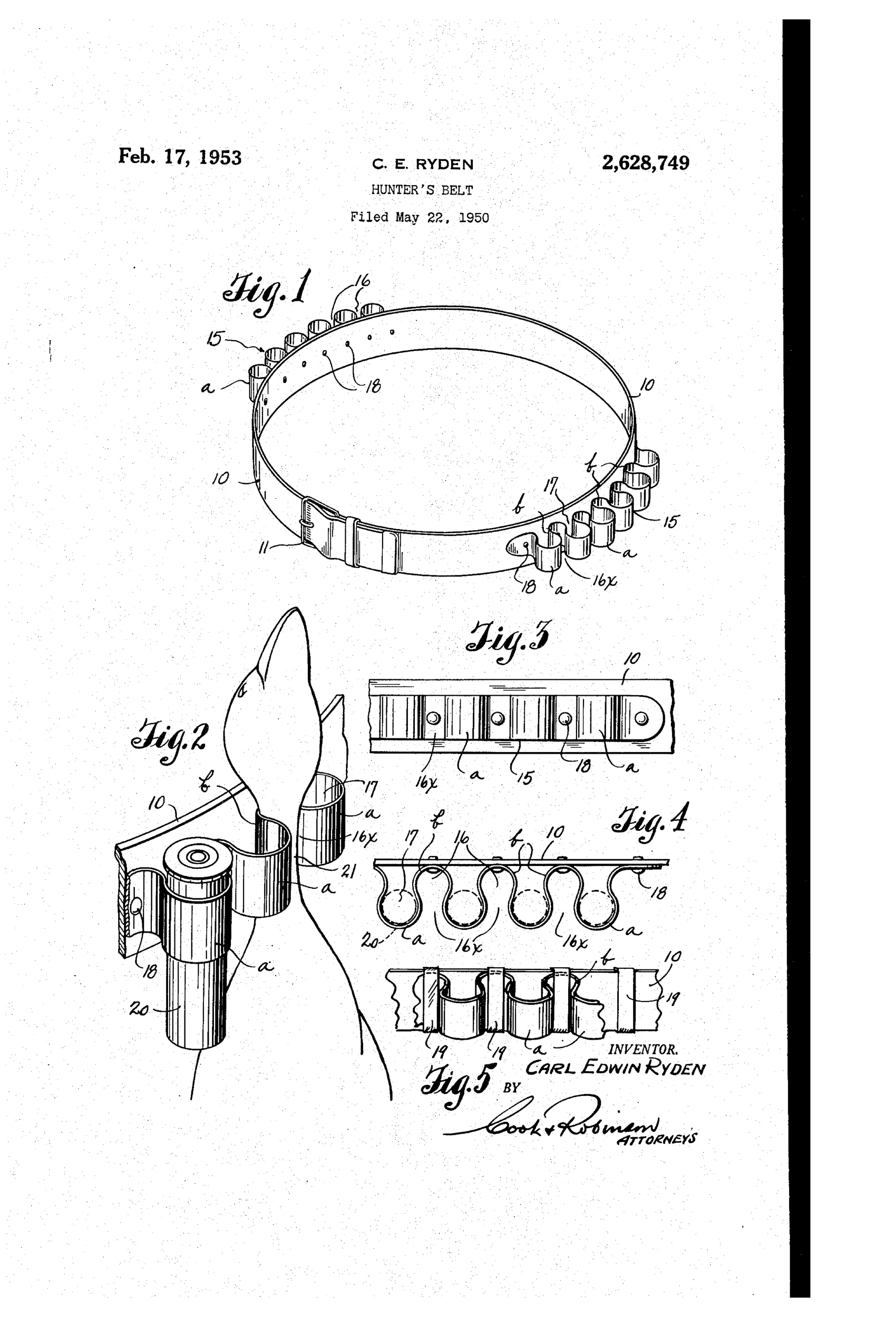 Patent drawing of a hunter's belt with a buckle and a row of alternating curved metal loops riveted along its outer edge, some loops holding shotgun shells and others gripping the neck of a bird, with detail views of the loop strip and an alternate belt-loop attachment.