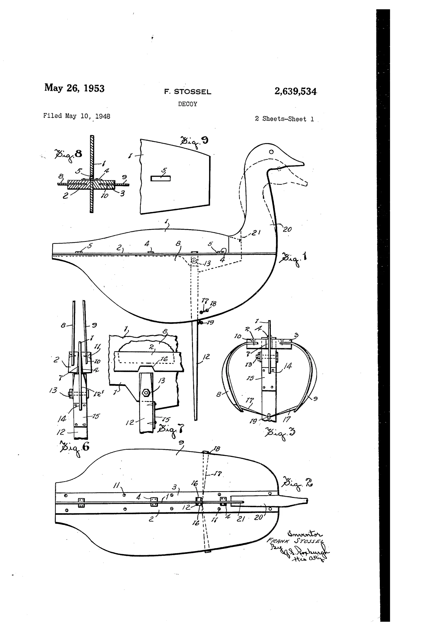 Patent drawing of a folding goose decoy showing a full-body side view with removable head and neck, hinged folding wings, a split-end supporting stake, and detail views of the hinge, wing-tie mechanism, and interchangeable head shapes.