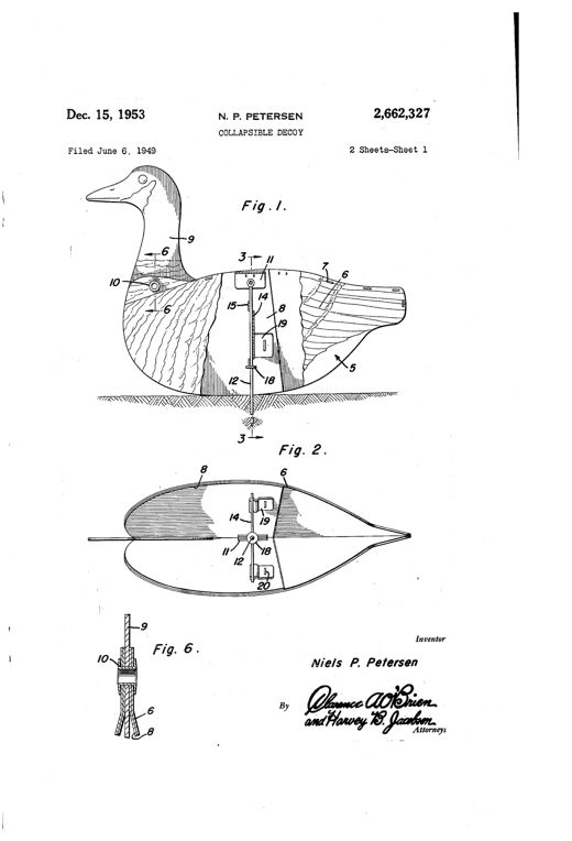 Patent drawings of a folding goose decoy showing the open body with internal stake and triangular spreader, the collapsed flattened form, and detail views of the hinge rivet and spring catch.