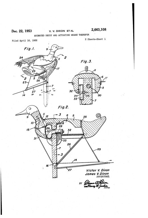 Patent drawing of a wooden duck decoy showing internal mechanisms: a pivoting head connected by a rubber sleeve to a lever, spring-steel wings with cloth covering attached to the body, a stake with a pneumatic call and rubber bulb, and cords and elastic bands linking the head, wings, and body for remote-controlled movement.