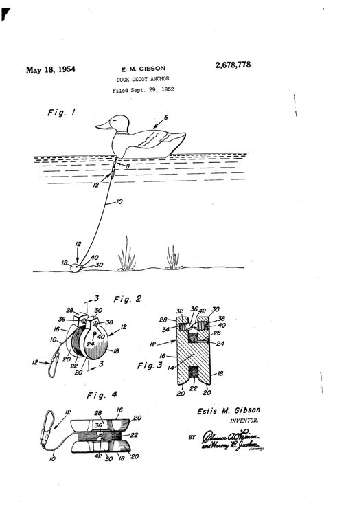 Patent drawing of a floating duck decoy connected by a swivel and line to a weighted spool-shaped reel anchor resting on a pond bottom, with detail views of the reel's hub, heads, ball detent, and setscrew mechanism.