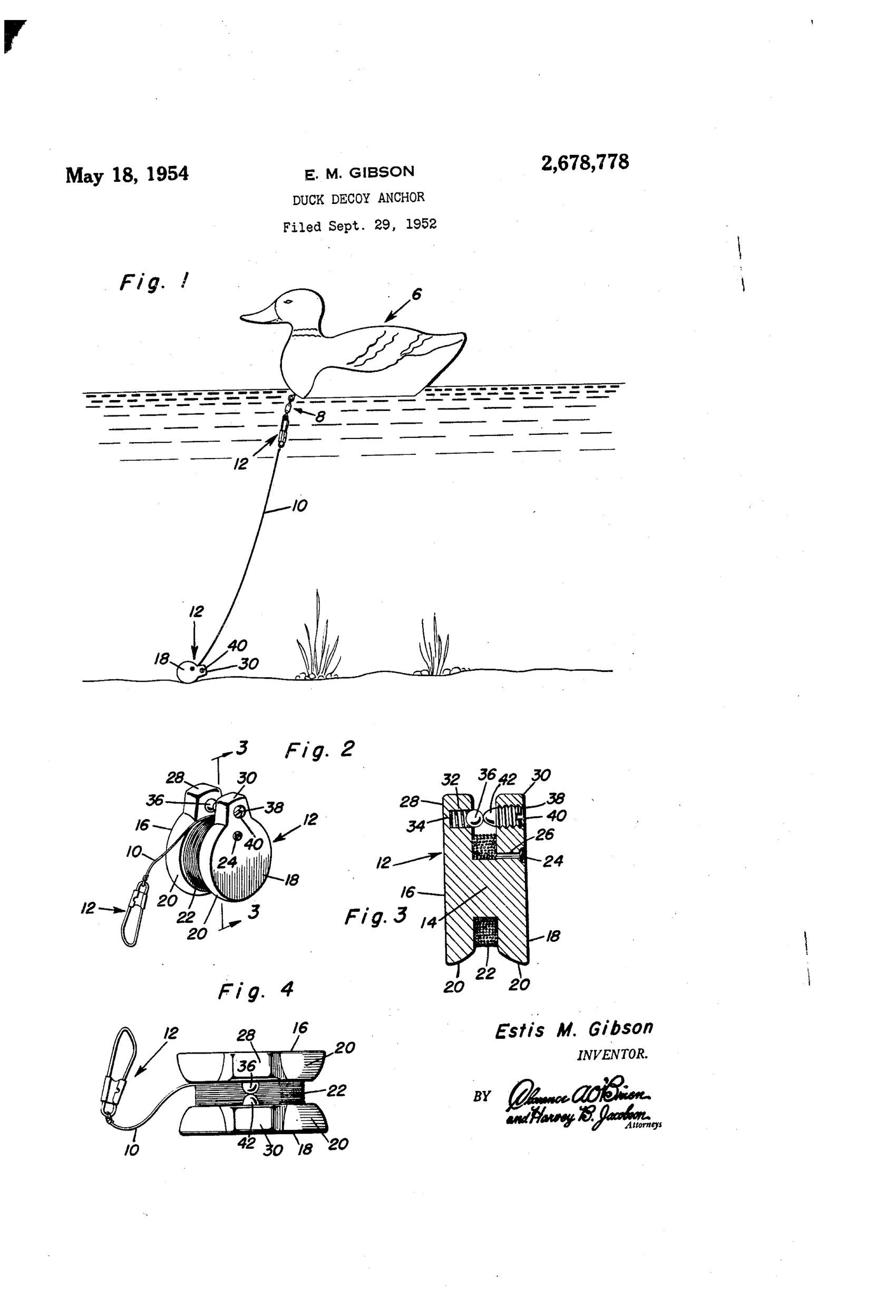 Patent drawing of a floating duck decoy connected by a swivel and line to a weighted spool-shaped reel anchor resting on a pond bottom, with detail views of the reel's hub, heads, ball detent, and setscrew mechanism.
