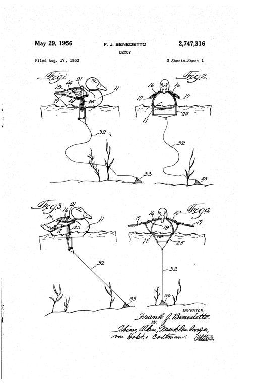 Patent drawing of a duck decoy fitted with a harness strap carrying two hinged wings that can be pulled open by a lever connected to an anchor line running down to a weight on the lake bottom.