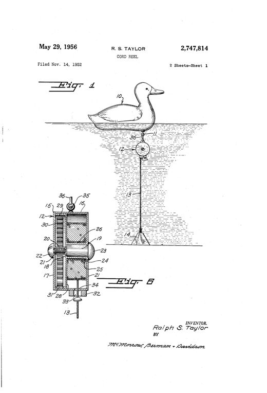Patent drawing of a wooden duck decoy floating on water with a small cylindrical spring-loaded cord reel hanging beneath it via a snap hook, the reel's internal spool, shaft, and locking clip mechanism shown in exploded cross-sectional views below.