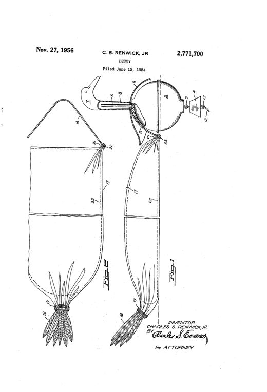 Two patent drawings of a duck decoy: one side elevation showing a weighted spherical head float with a loosely mounted bird head and neck connected by a flexible bridle to a long inflated body bag with tail feathers tied at the end, and one plan view of the flattened body bag with corner knots and trailing feathers.