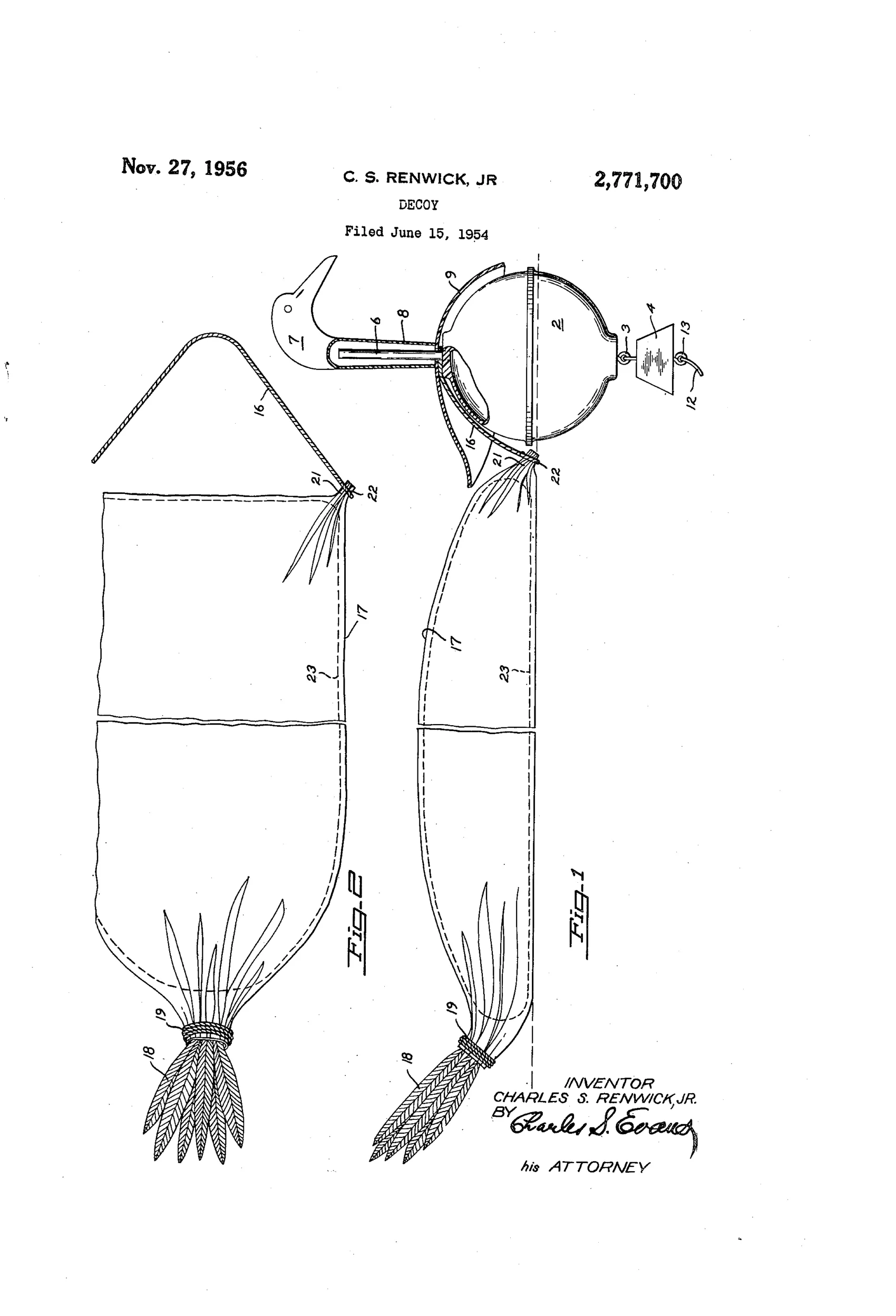 Two patent drawings of a duck decoy: one side elevation showing a weighted spherical head float with a loosely mounted bird head and neck connected by a flexible bridle to a long inflated body bag with tail feathers tied at the end, and one plan view of the flattened body bag with corner knots and trailing feathers.