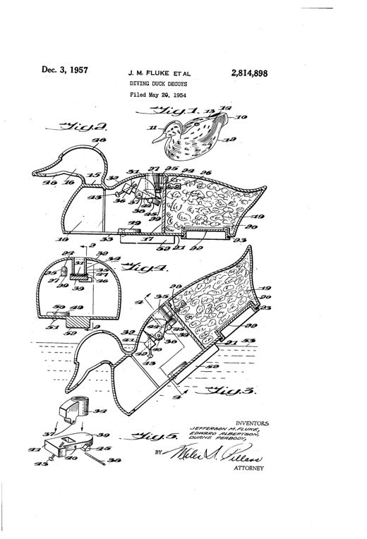 Patent drawing of a duck-shaped hunting decoy shown in perspective and in cross-section, revealing an internal gas chamber, hollow tube, pivoting valve platform, weight, and adjustable screws that control diving motion.