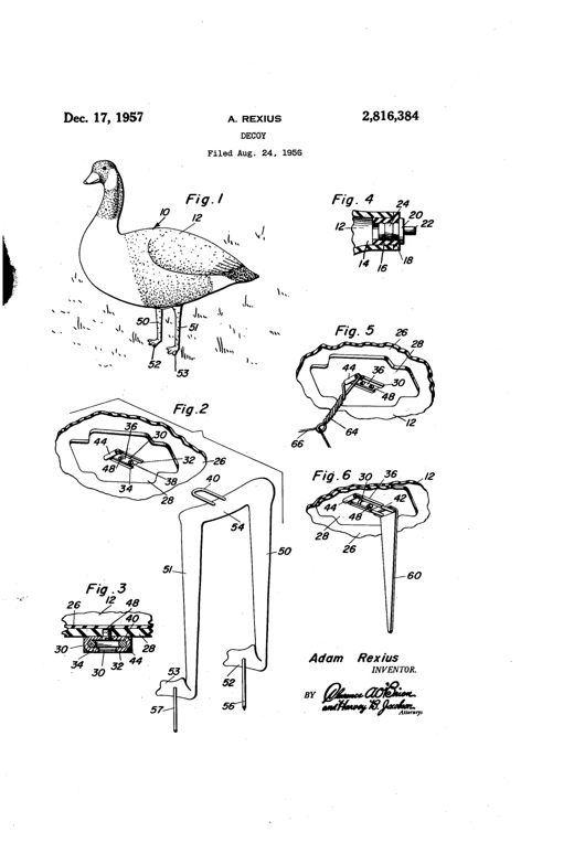 Patent drawing sheet showing an inflated goose-shaped decoy standing on two wire-and-plastic legs, alongside detail views of the air plug, leg-mounting track, wire tongue, and alternative single-leg and water-anchor supports.
