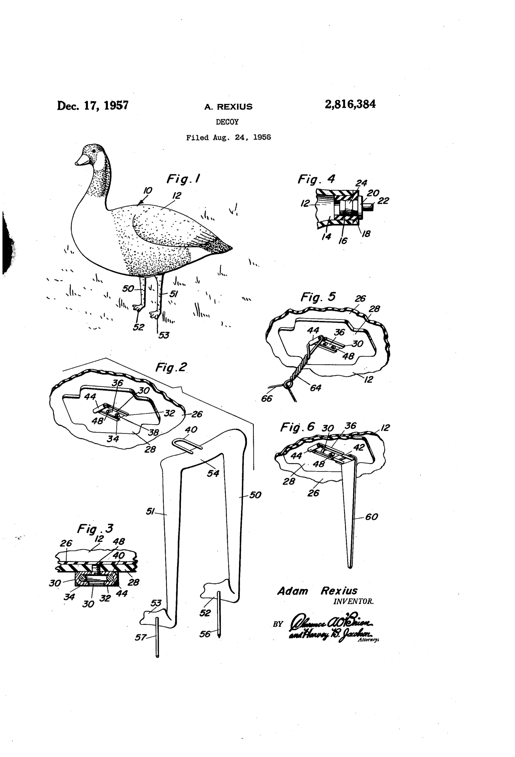 Patent drawing sheet showing an inflated goose-shaped decoy standing on two wire-and-plastic legs, alongside detail views of the air plug, leg-mounting track, wire tongue, and alternative single-leg and water-anchor supports.
