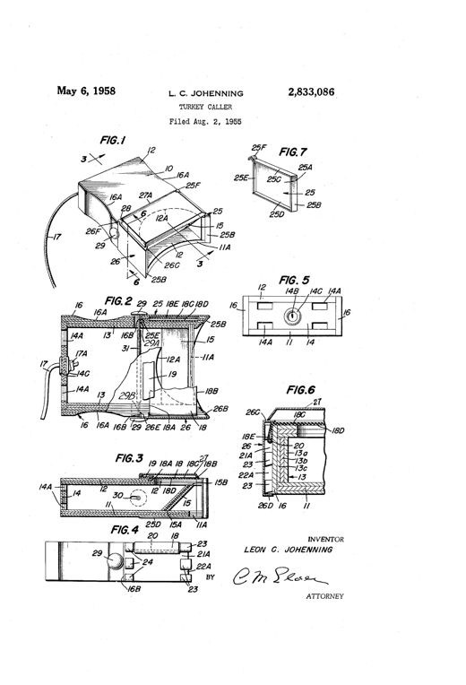 Patent drawing of a wooden box-type turkey caller shown inverted, with numbered parts indicating the sound chamber, anvil, rubber diaphragm, hinged protective cover, and attached safety cord, alongside detail views of the end plate and cross-sections.